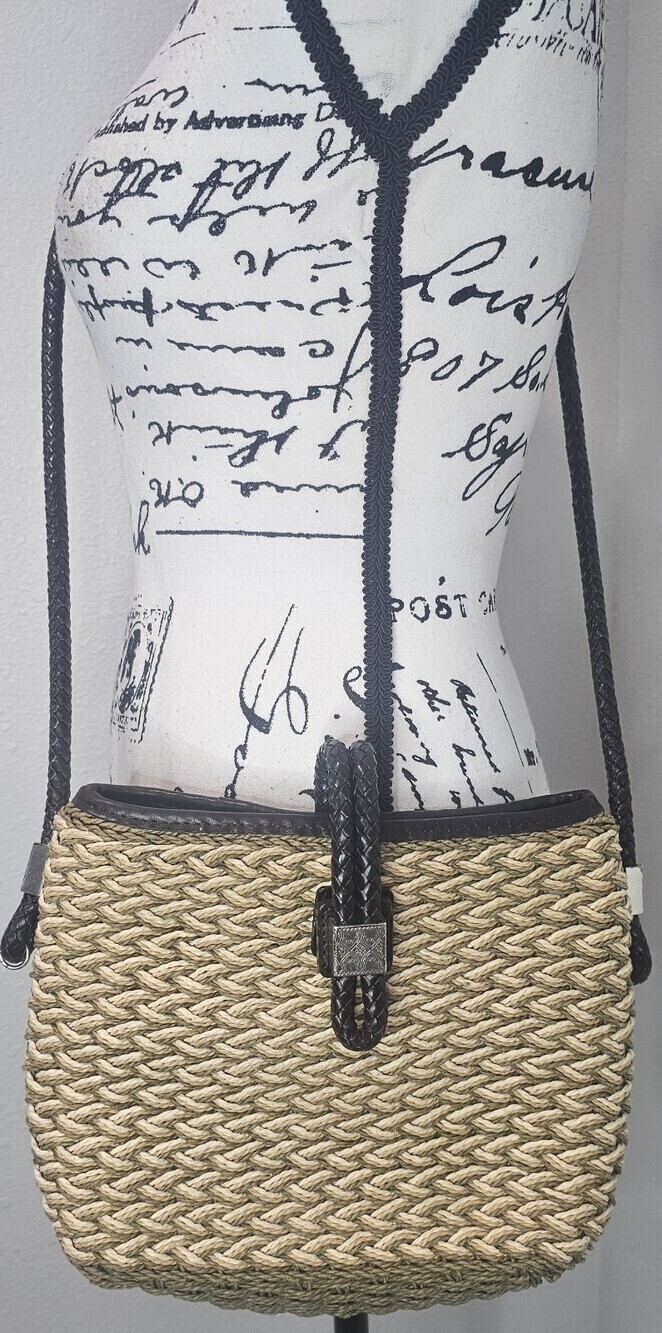 Vtg Brighton Woven Jute Straw Purse Crossbody Shoulder Bag Leather Braided Strap